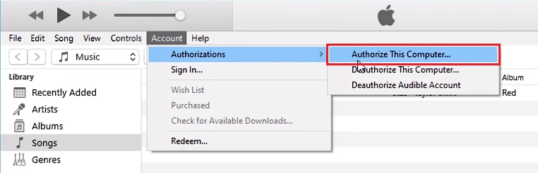 Select Authorize This Computer from the Account menu.