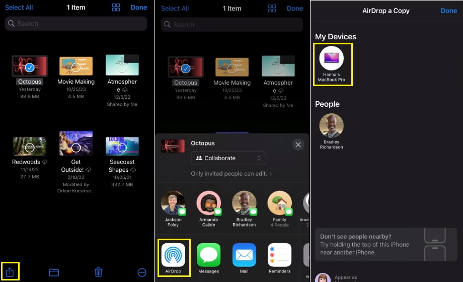 Select and share files to Macbook with AirDrop.