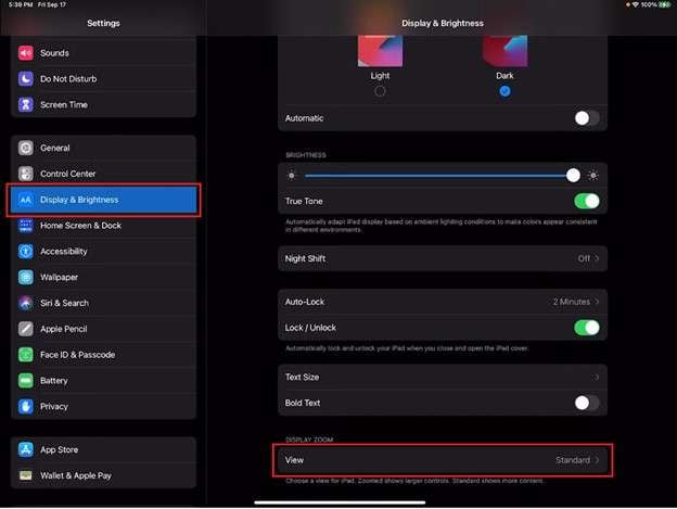 tap view and choose standard