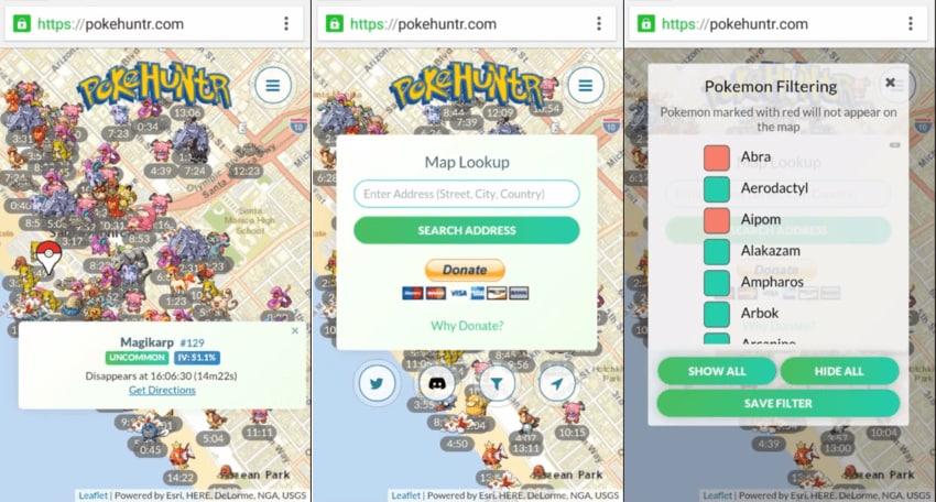 pokehuntr.com map lookup and filtering