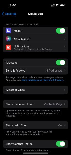 toggle imessages on