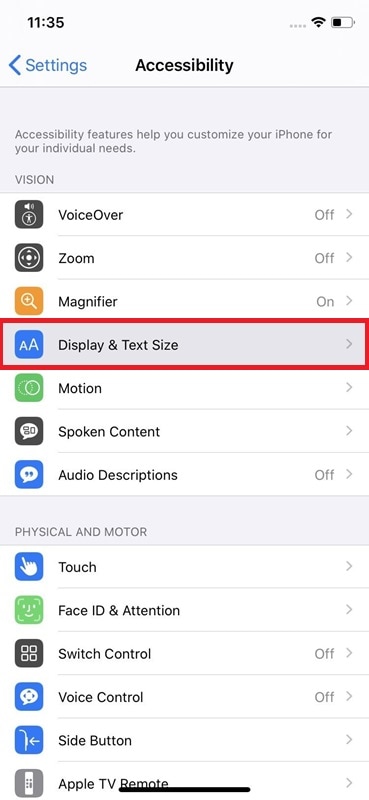 click display and text size