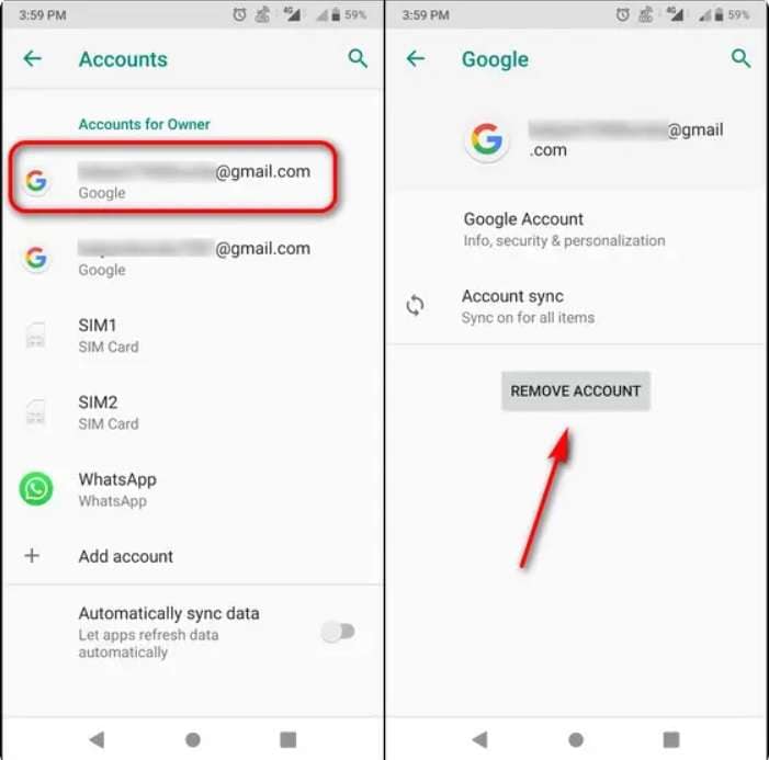 remove google account android 