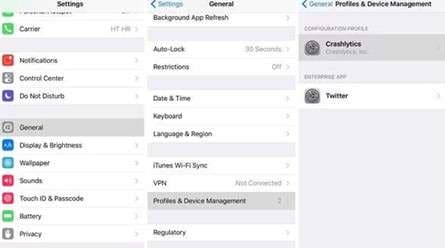 iphone interfaces to go to settings > general > profilest