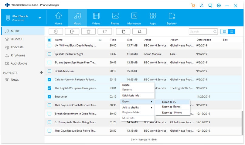 transfer music from iPod to Windows Media Player using Dr.Fone - Phone Manager (iOS)