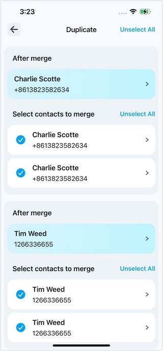 select contacts to merge and delete