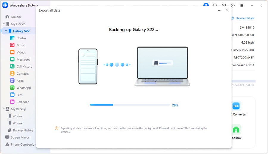 Dr.fone backing up data