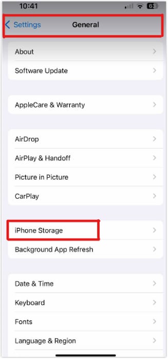 iphone storage in general settings