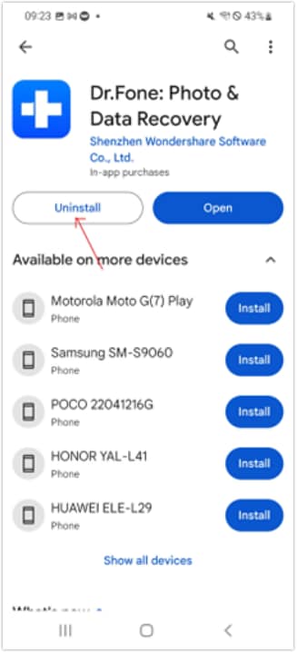 uninstalling dr.fone on  android