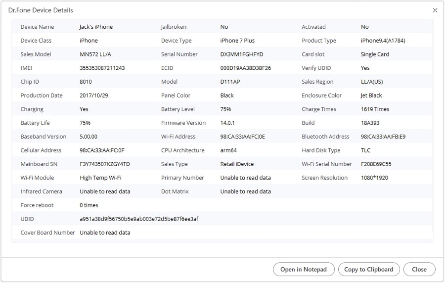 dr.fone device details interface