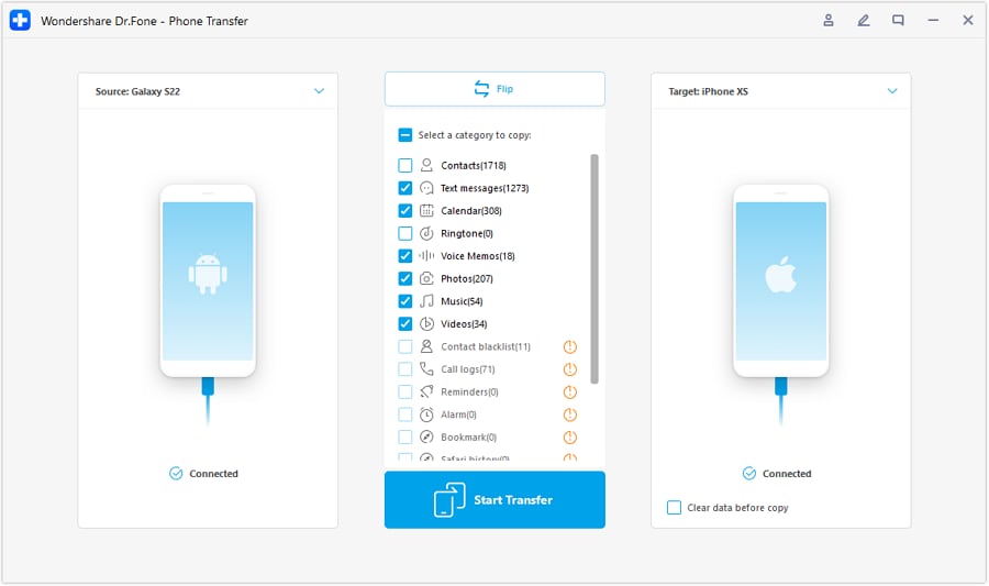 Select the Data To Transfer Between Both Devices 