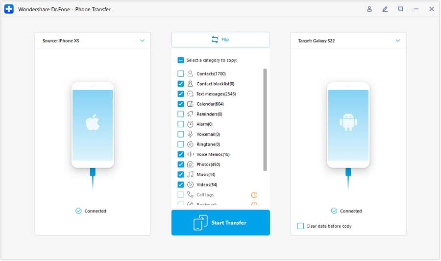 select the data type to transfer