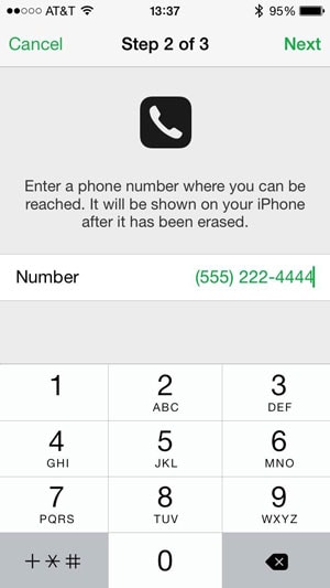  enter phone number erase iphone