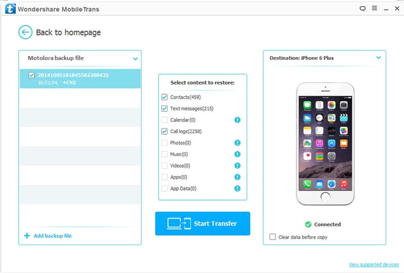 transfer files from Motolora backup to iPhone