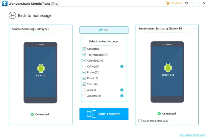 connect devices to transfer contacts from Galaxy S3 to S4