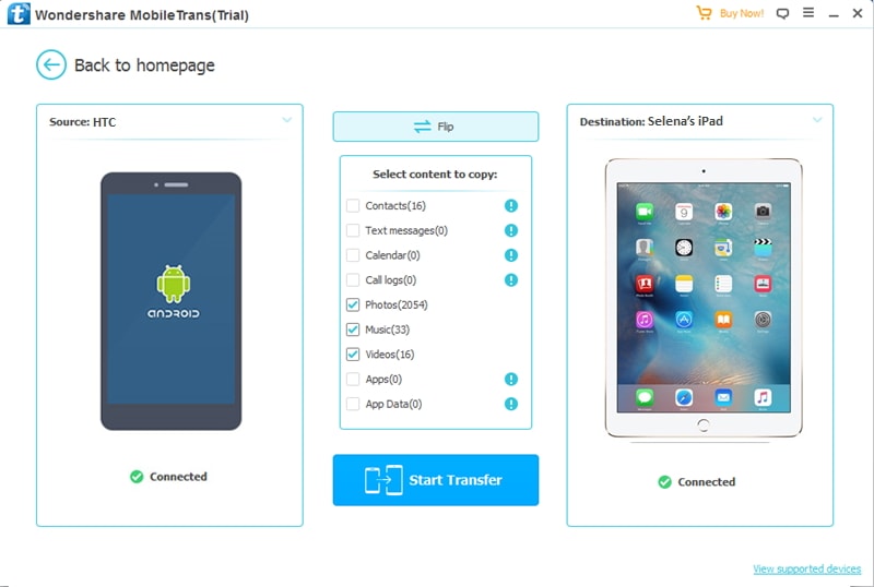 start to transfer data from HTC to iPad