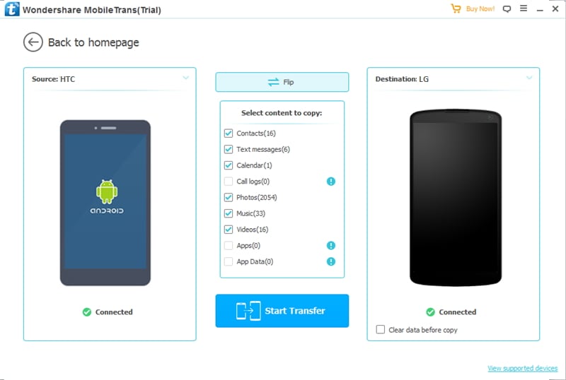 select items to transfer data from HTC to LG