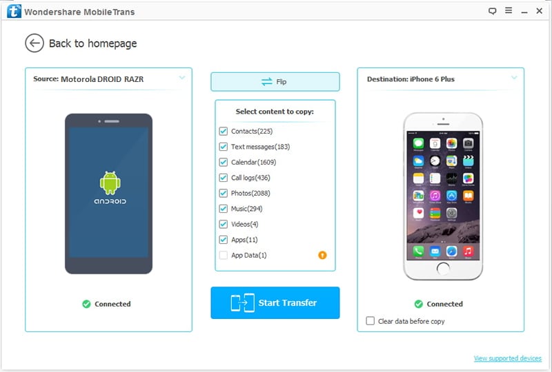 connect devices to transfer data from Motorola to iPhone