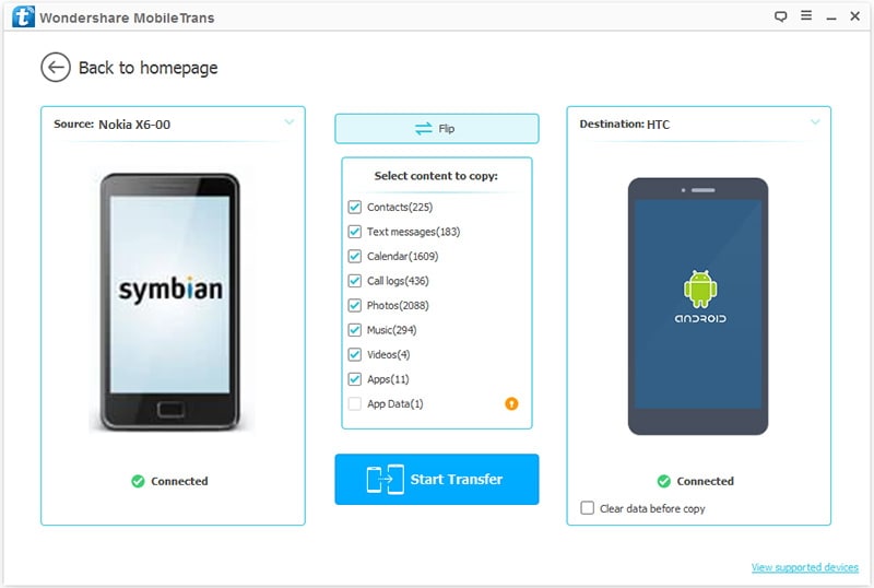 start to transfer contacts from Nokia to HTC