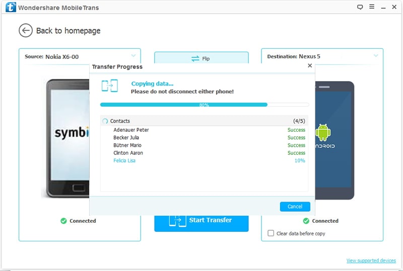 transfer contacts from Nokia to Nexus 5 completed