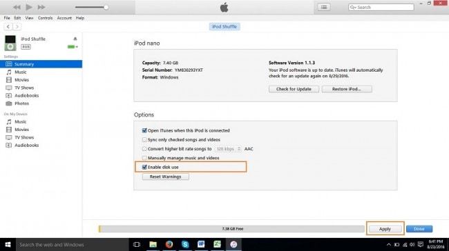 How to transfer music from iPod nano to computer-Enable Disk Usage