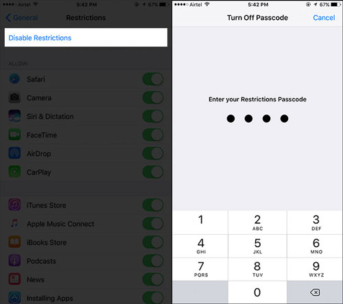 reset iphone restrictions passcode