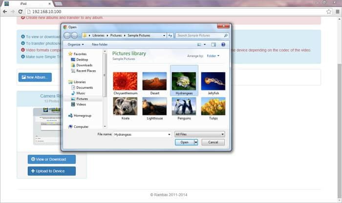 transfer pictures from computer to ipad by selecting upload device