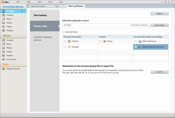 restore data to phone from samsung kies 3 backup file