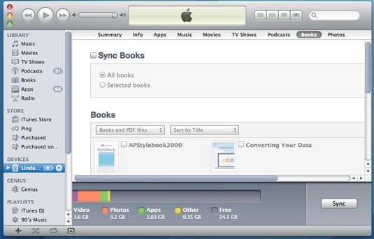 Transfer PDF Files from PC to iPad with iTunes - click Books and click Sync