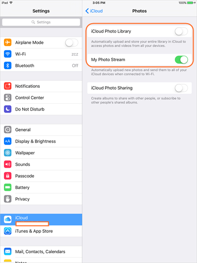 Transfer Pictures from iPad to SD Card with iCloud - Turn on Photo Stream
