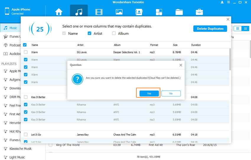 Verwijderen van dubbele nummers op de ipod/iphone/ipad - Verwijderen bevestigen